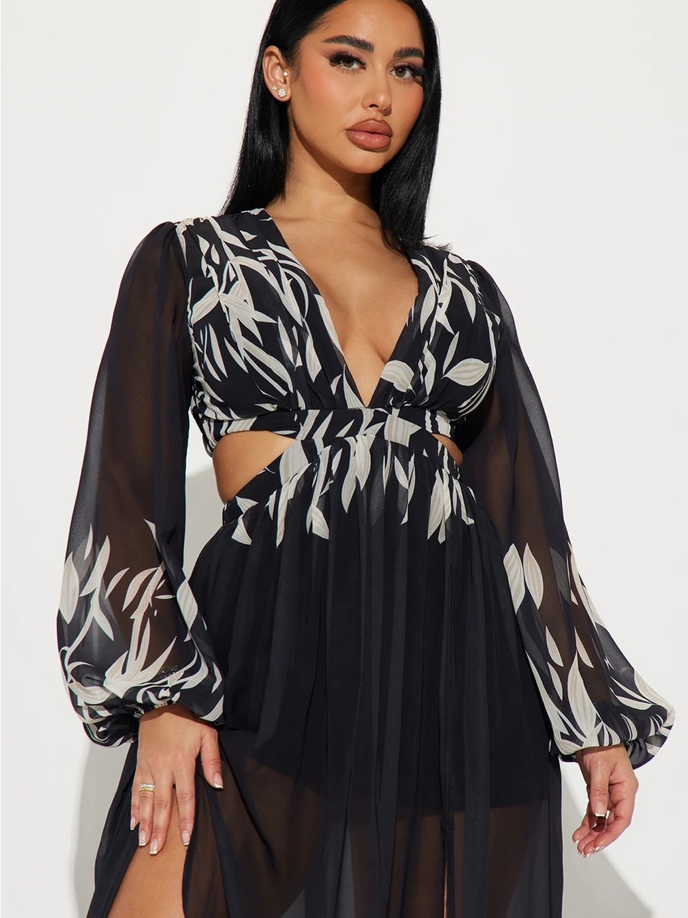 Fashion Nova Black Sheer Maxi Dress with Cream Leaf Print - Picture 8 of 12